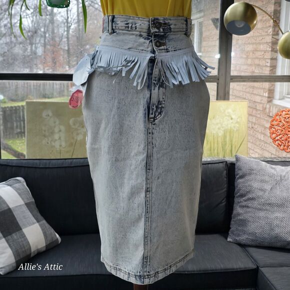 Vtg 80s 90s Denim Jean Skirt Blue Acid Wash Mom High Waist Fringy Slit 9/10 NOS - Picture 1 of 16